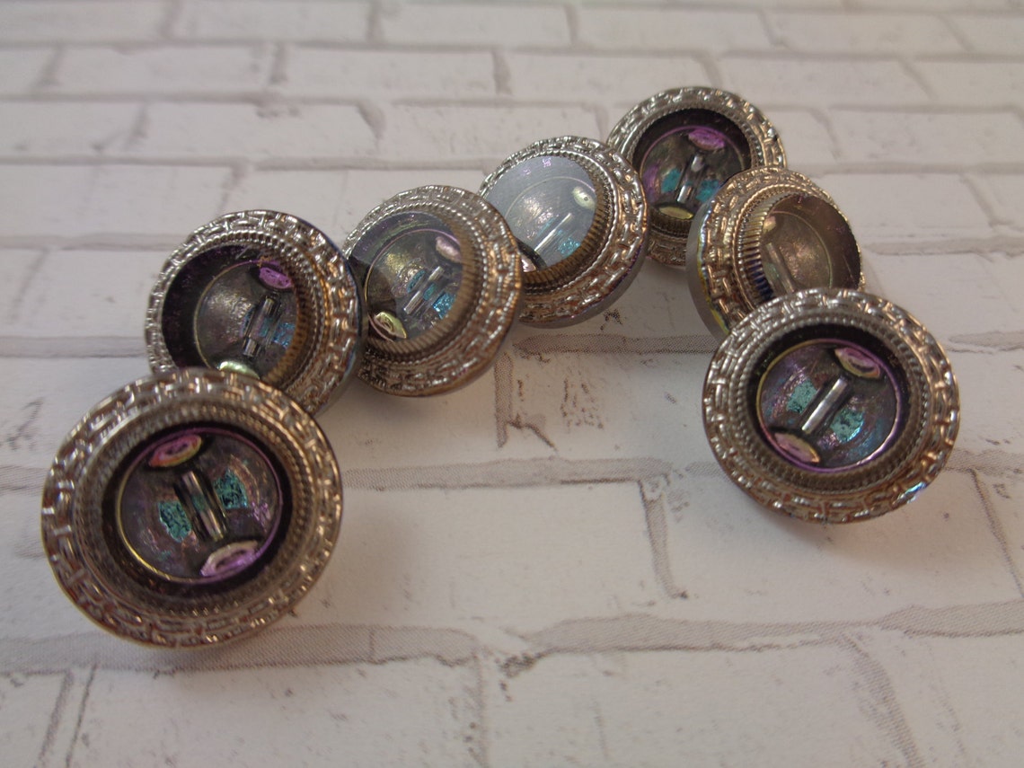 1 Silver Glass Button 14mm Shield Button Silver Edge Iridescent Glass ...