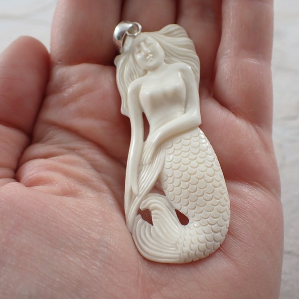 1 Piece Long Carved Mermaid Pendant - Bright White Bone Pendant - Engraved Intricate Mermaid Pendant - 76x26x7mm Natural Bone Pendant #S5297