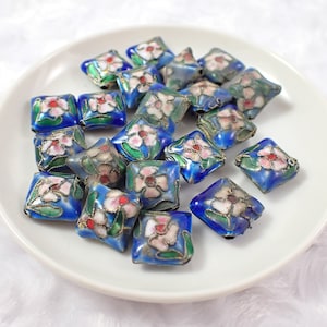 7 Pcs Antique Look Blue Cloisonne Flower Beads - Thick Diamond Shaped Beads - 16mm Diagonal Cloisonne Metal - Blue Red Pink Green #S8200