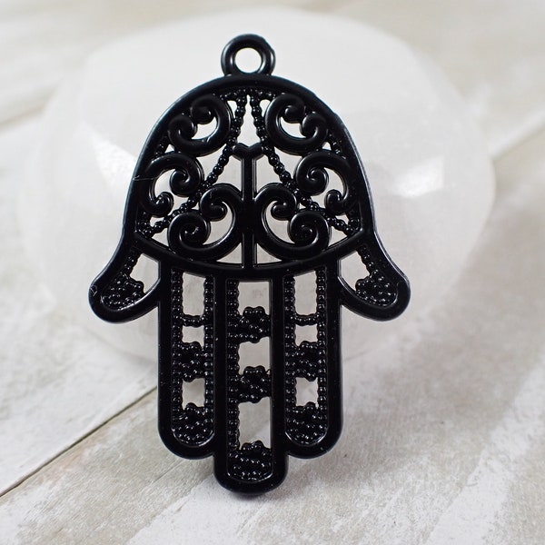 Pretty Black Metal Hamsa Hand Pendant - Textured Shiny Curly Design Hamsa Hand - DIY Jewelry Pendant - 1.25 Inch Hand Pendant Black #S7769