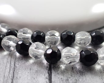 55 Pcs Round Faceted Glass Beads - 6mm Black Beads - 7mm Clear Beads - Glass Round Faceted Beads #S6546
