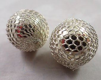 2 Pcs Silver Metal Beads - Round Netting Textured - 20mm Silver Metal Beads - Lightweight Metal Beads - Silver Netting Metallic Beads #S6193
