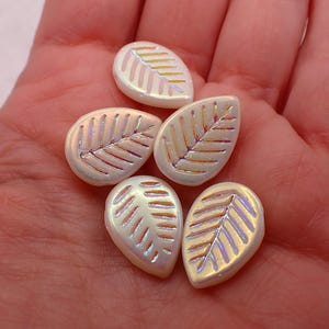 15 Pcs Metallic White AB Finish Dogwood Leaf Beads - 16x12mm White Czech Glass Beads - Pressed Glass Leaves Beads #S8576