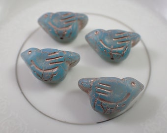 6 Pcs Czech Glass Bird Shaped Beads - Matte Sky Blue Gold Wash - Pressed Glass Thick Chunky Bird Beads - Opaque Blue Glass Bird Beads #S6928