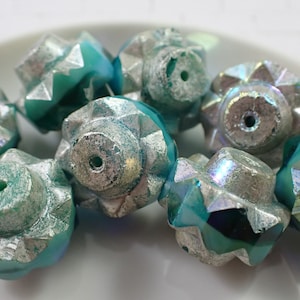 8 Pcs Sea Green Blue Czech Glass Beads - Large Heavy Crown Shaped Beads - Antique Silver Finish - Wavy Large Glass Beads - Blue Green #S6021