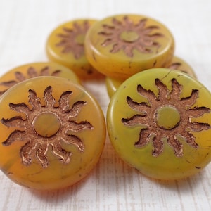 2 Pcs Dandelion Yellow Sun Czech Glass Beads - 22x5mm Round Flat Coin Beads - Bronze Yellow Matte - Large Czech Glass Sun Coin Beads #S5821
