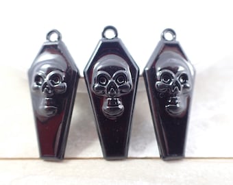 2 Pcs Black Metal Skull Coffin Charm Pendants - Black Metal Beads - Skull Coffin Charms - 1.25 Inches Black Shiny Metal Skull Coffin #S8094