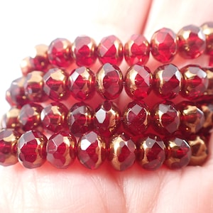 25 Pcs Czech Glass Fire Polished Beads - Ruby Red Bronze Finish - 7x5mm Faceted Glass Beads - Rondelle Faceted Deep Ruby Red Beads #S7988