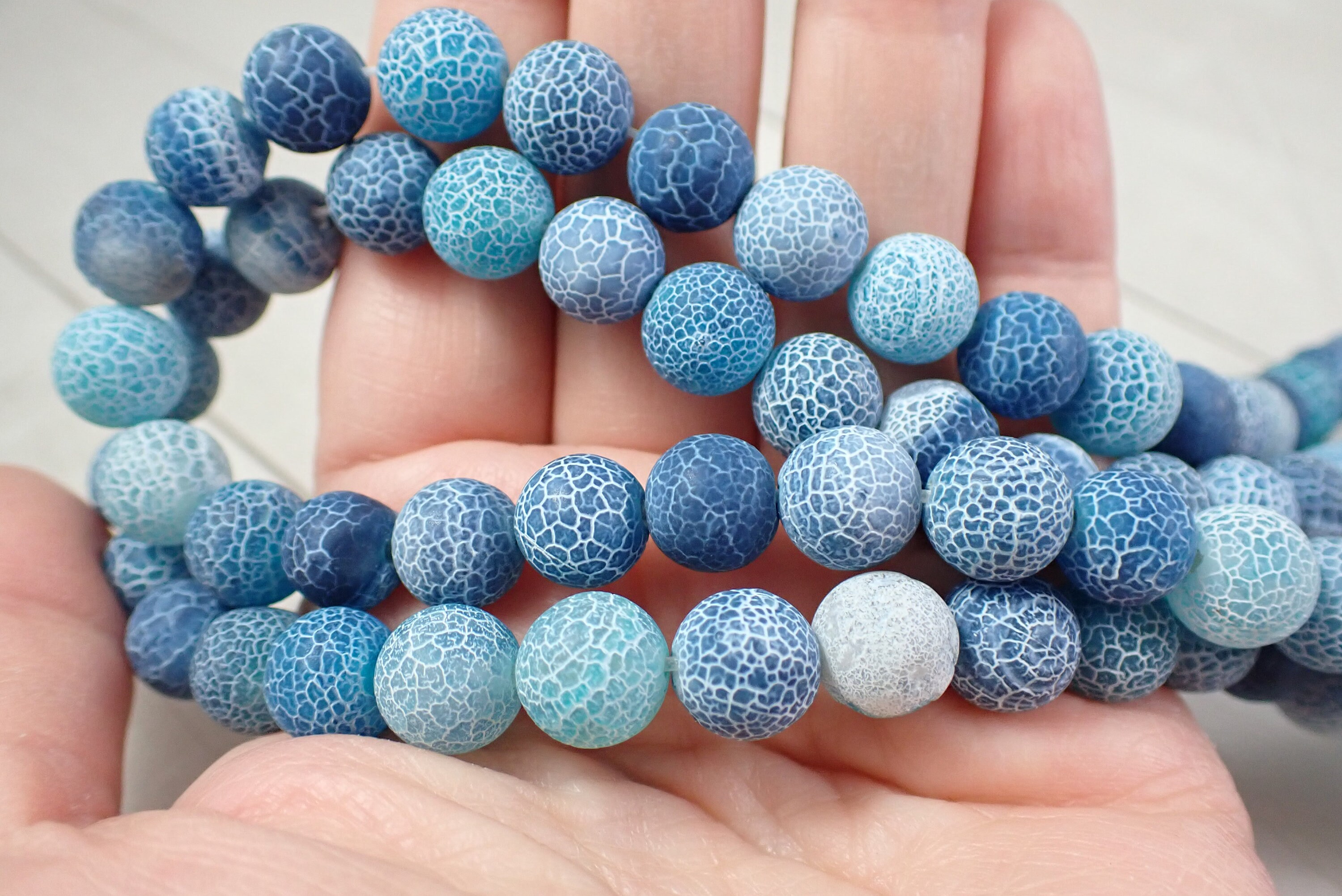 40 Pcs Blue White Agate Beads 9mm Round Smooth White Veins