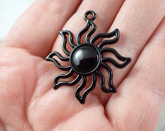Awesome Black Metal Sun Pendant - Shiny Black Solid Center