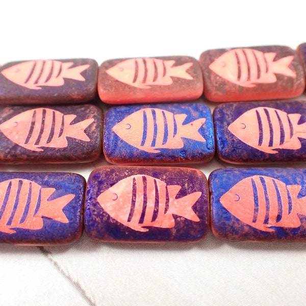 6 Pcs Coral Fish Laser Tattoo Beads - Pressed Czech Glass Beads - Coral Rust Purple Etched Beads - Rectangle Glass Beads - 18x12x4mm #S5133