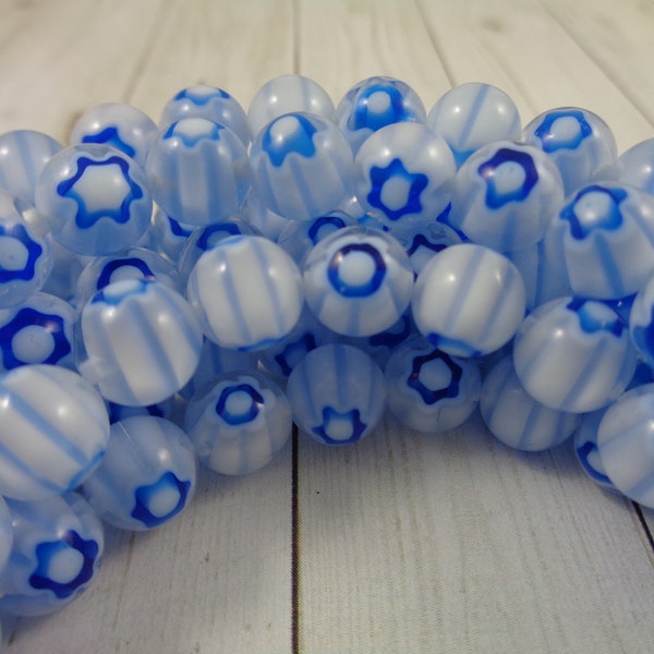 52 Pretty Blue Millefiori Glass Beads 8mm Round Blue White Flower Beads Thousand Flower Millefiori Blue White Glass Flower Beads Blue #S3415