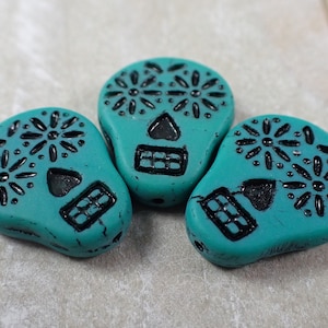 6 Pcs Turquoise Black Sugar Skull Beads - Czech Glass Pressed Beads - Flat Skull Beads .75 Inches - Turquoise Black Sugar Skulls #S7850