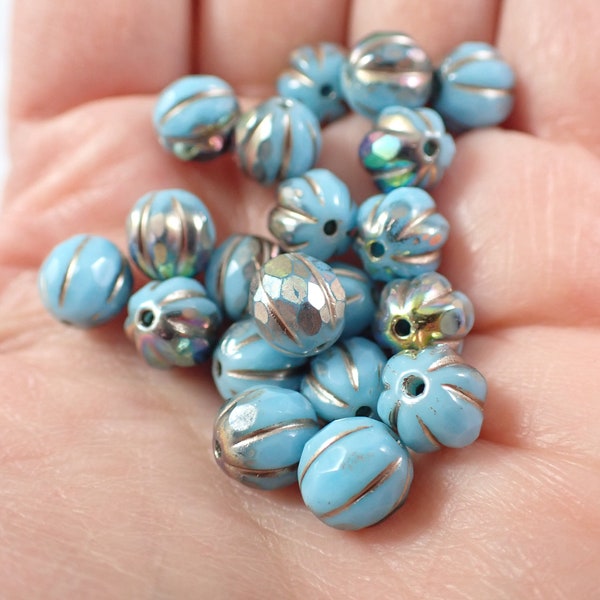 20 Pcs Blue Gold AB Finish Melon Beads - Czech Glass Firepolished Beads - Smooth Round Fluted Beads - 8mm Blue Gold AB Finish Beads #S8096