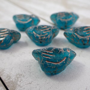 6 Pcs Czech Glass Bird Shaped Beads - Teal Metallic Beige Matte Finish - Pressed Glass Thick Chunky Bird Beads - Teal Glass Birds #S7697