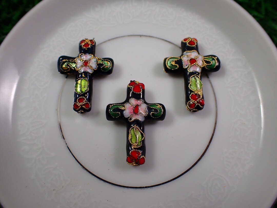4 Pcs Black Gold Cross Cloisonné Beads Floral Metal Lightweight Beads
