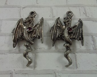 1 Piece Silver Pewter Dragon - Red Rhinestone Metal Dragon Pendant - 34x18x4mm Dark Silver Thin Dragon Wings Pendant - Silver Pewter #S4969