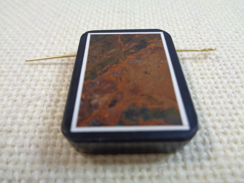 1 Pretty Long Brown Orange Black Rectangle Shaped Pendant Focal Bead 32x23x6mm Flat Rich Brown Framed Stone Pendant Black Background #S2538