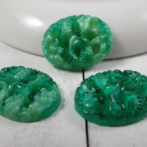 4 Pcs Vintage Glass Floral Oval Cabochon - Jade Green Glass Cabochon - Smooth Oval Cab with Holes - Green Jade Vintage Glass Cabs #S7356