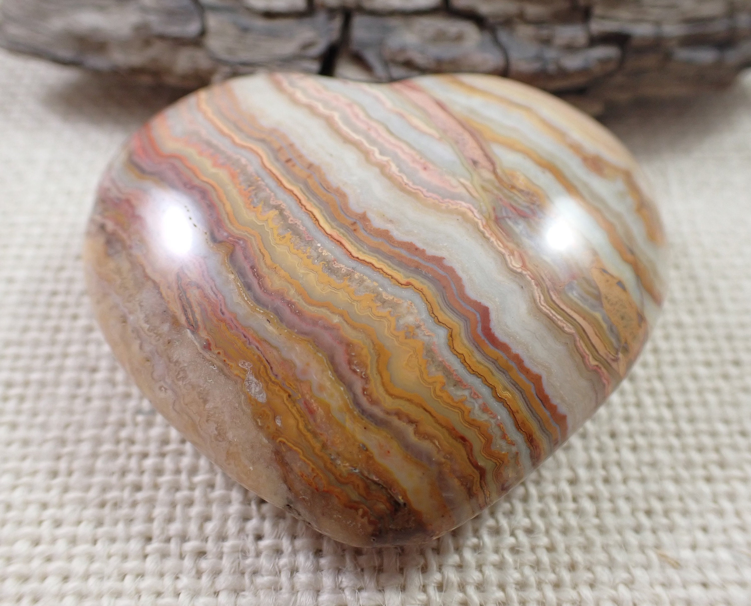 1 Piece Crazy Lace Agate Crystal Heart - Red White Peach Striped Smooth Finish Puffy Large Heat Treated #s6444