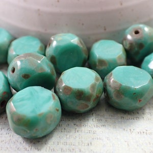 15 Stück Blau Grün Table Cut Tschechische Glasperlen - Runde Facettierte Flache Seiten - Türkis Braune Picasso Finish Perlen - 12 x 8 mm Tschechisches Glas #S6024