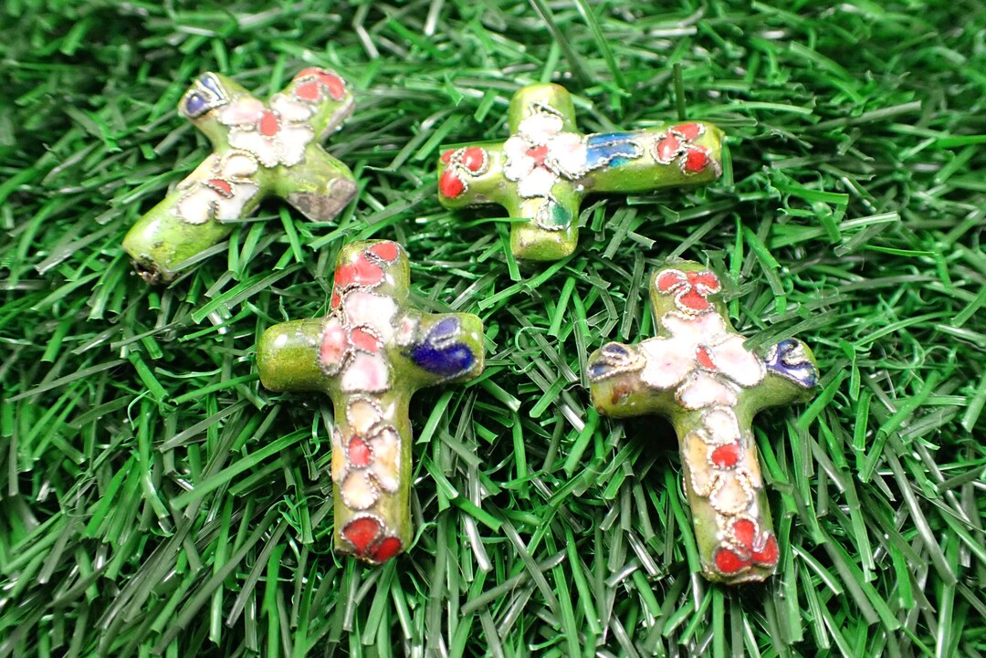 4 Pcs Green Gold Cross Cloisonné Beads Floral Metal Etsy