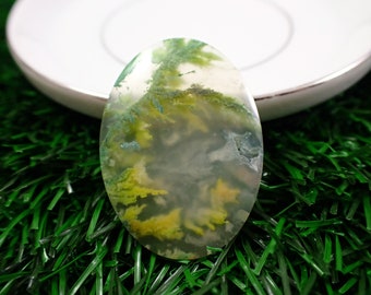 Cabujón de cristal ovalado de ágata de musgo de 1 pieza - Cabina teñida de verde amarillo - Parte posterior plana con textura suave - Cabujón ovalado de ágata de musgo verde amarillo #S7640