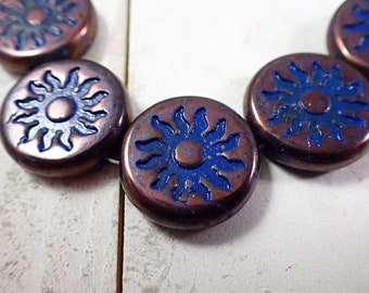 2 Pcs Blue Bronze Sun Beads - Czech Pressed Glass Beads - 22mm Large Sapphire Blue Washed Sun Beads - Sun Glass Coin Beads - DIY Beads S7713