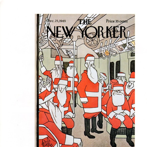 Vintage The New Yorker Cover Poster Print, 1964, Picture, Vintage Art Print, Item 001, Price, Santa on Subway