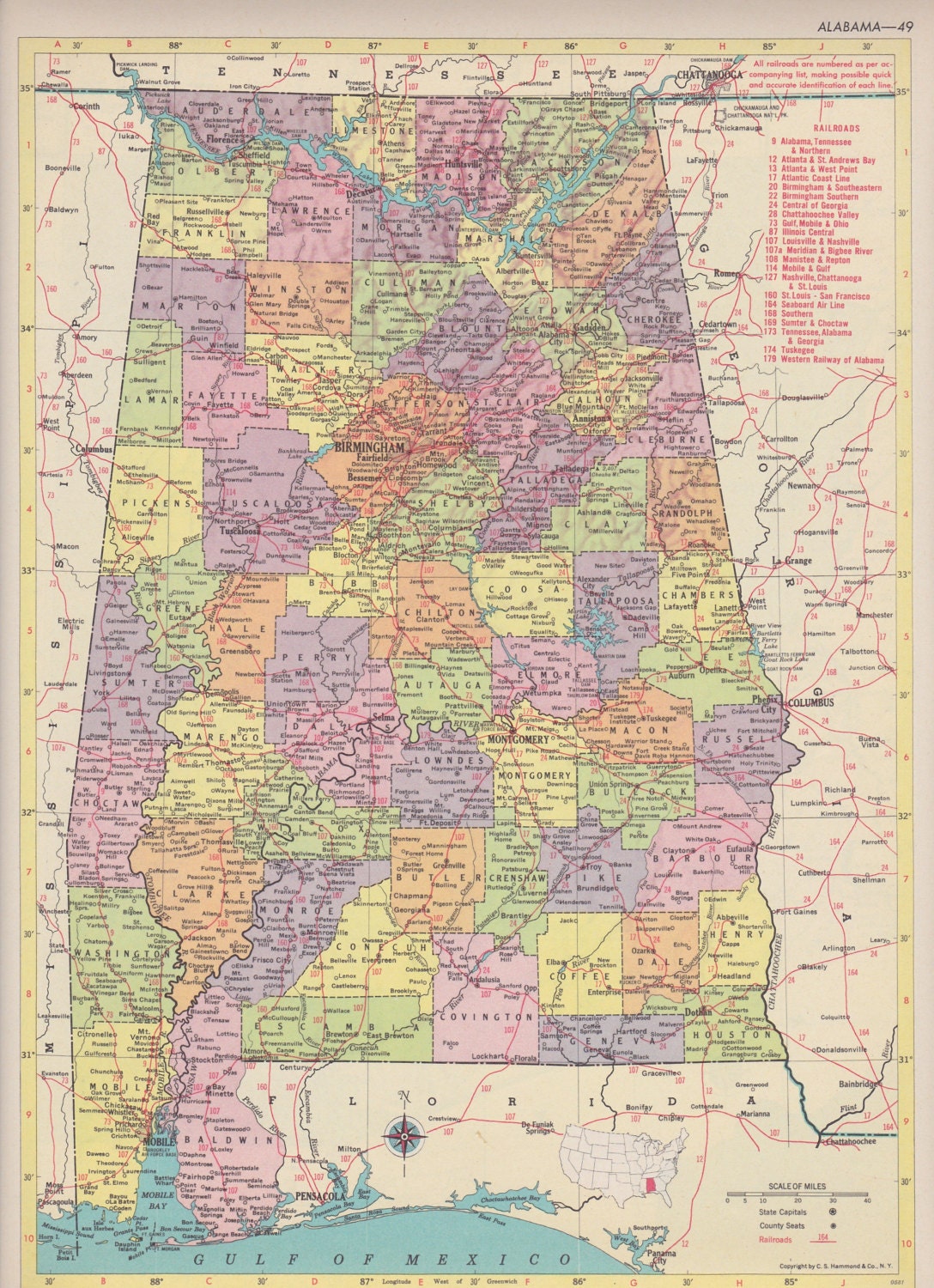 Vintage Map Art State of Alabama 1950s Mid Century Map Print Etsy