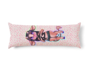 Almohada corporal con personaje de vaquera kawaii / Estampado de leopardo rosa