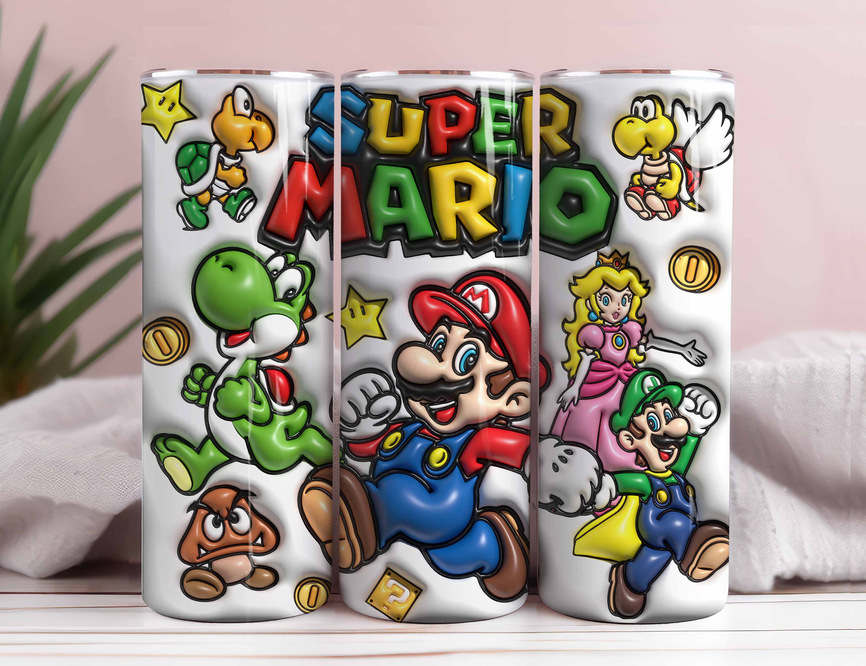 Video Games Inspired Skinny Tumbler Cup 20 Oz. Super Mario PS4 Wii