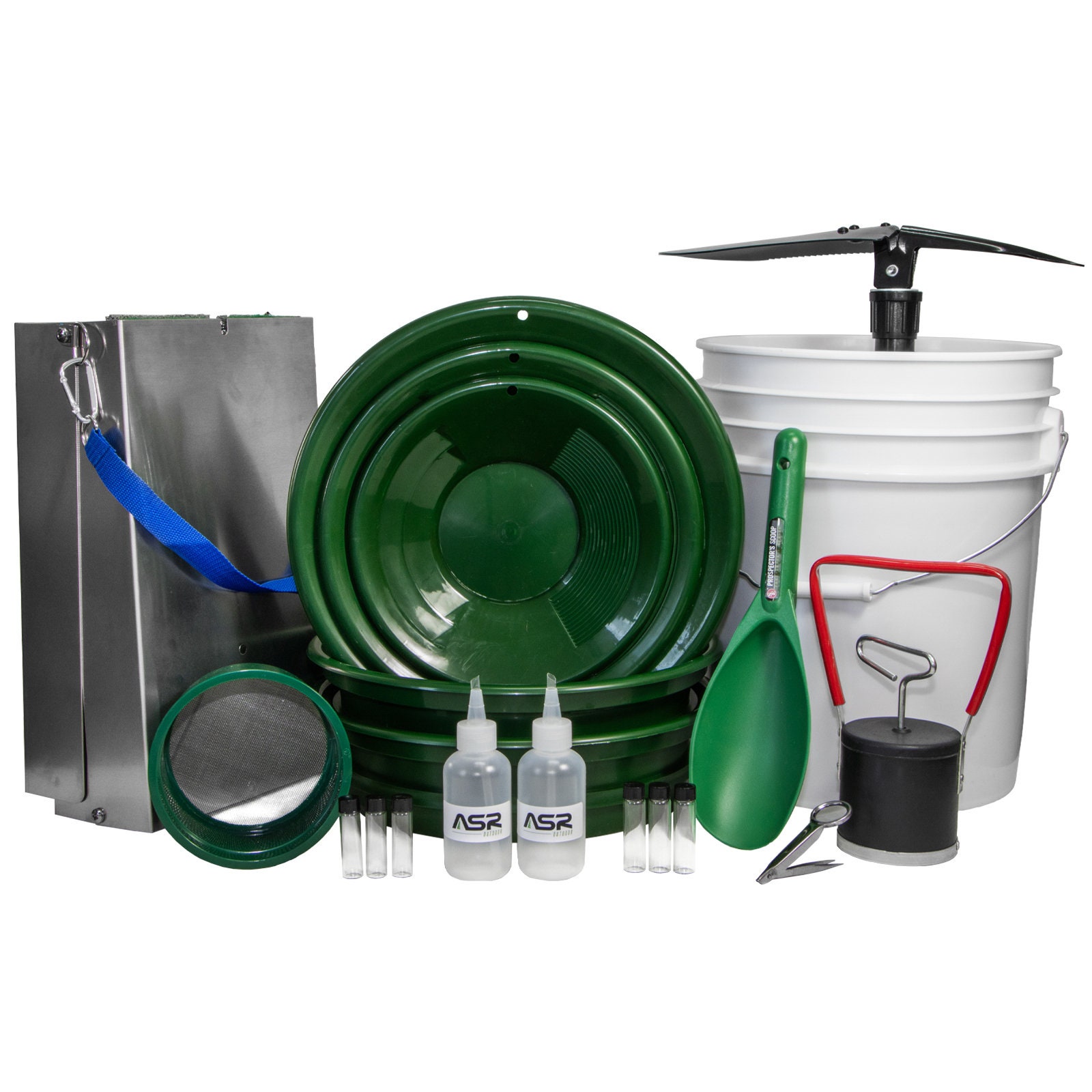 ASR Outdoor 20pc Complete Gold Panning Kit With 50 Inch Folding Sluice Box  and 5 Gallon Bucket, 3 Colors 