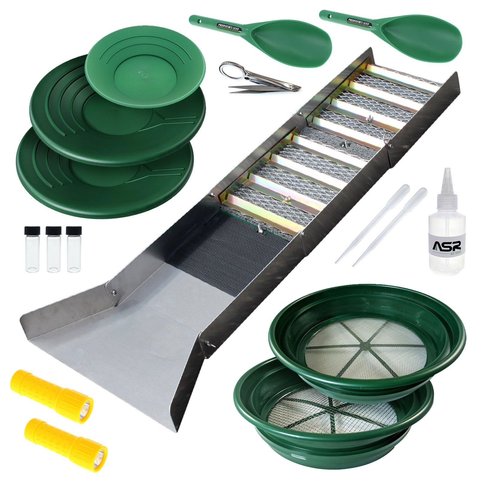 ASR Outdoor 11pc Gold Rush Gold Prospecting Kit 1/8 & 1/2 Coarse Classifier  Screen, Vials, Dual Riffle Gold Pans