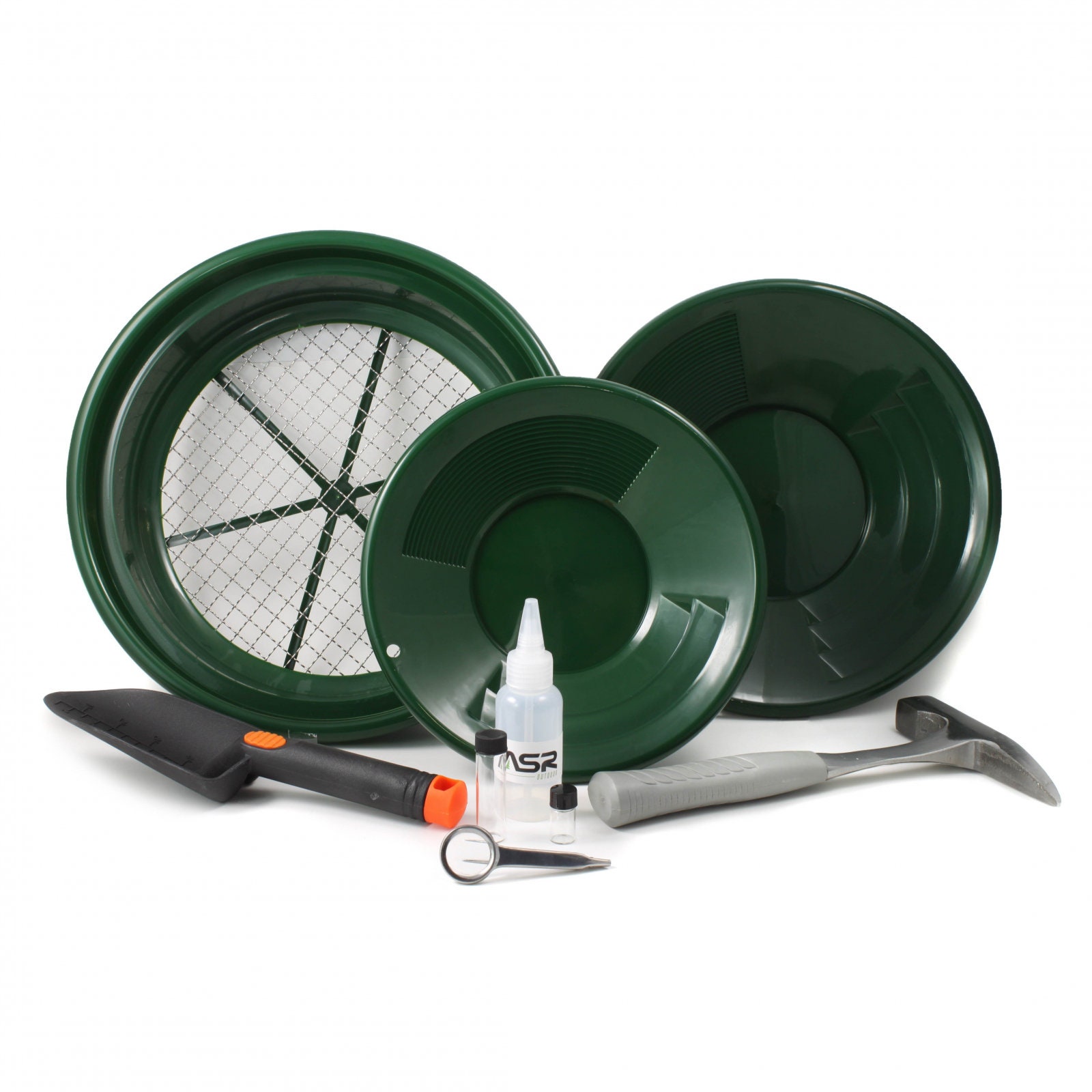 ASR Outdoor Classic Field Gold Panning Kit With Green Dual Riffle Pans Rock  Hammer and Plastic Trowel 9pc Set 