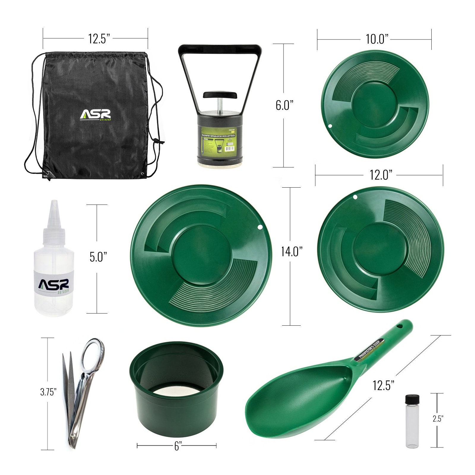ASR Outdoor 7pc Gold Panning Kit with 1lbs Bobby Bo Beginner Classified  Paydirt Bag, Green 