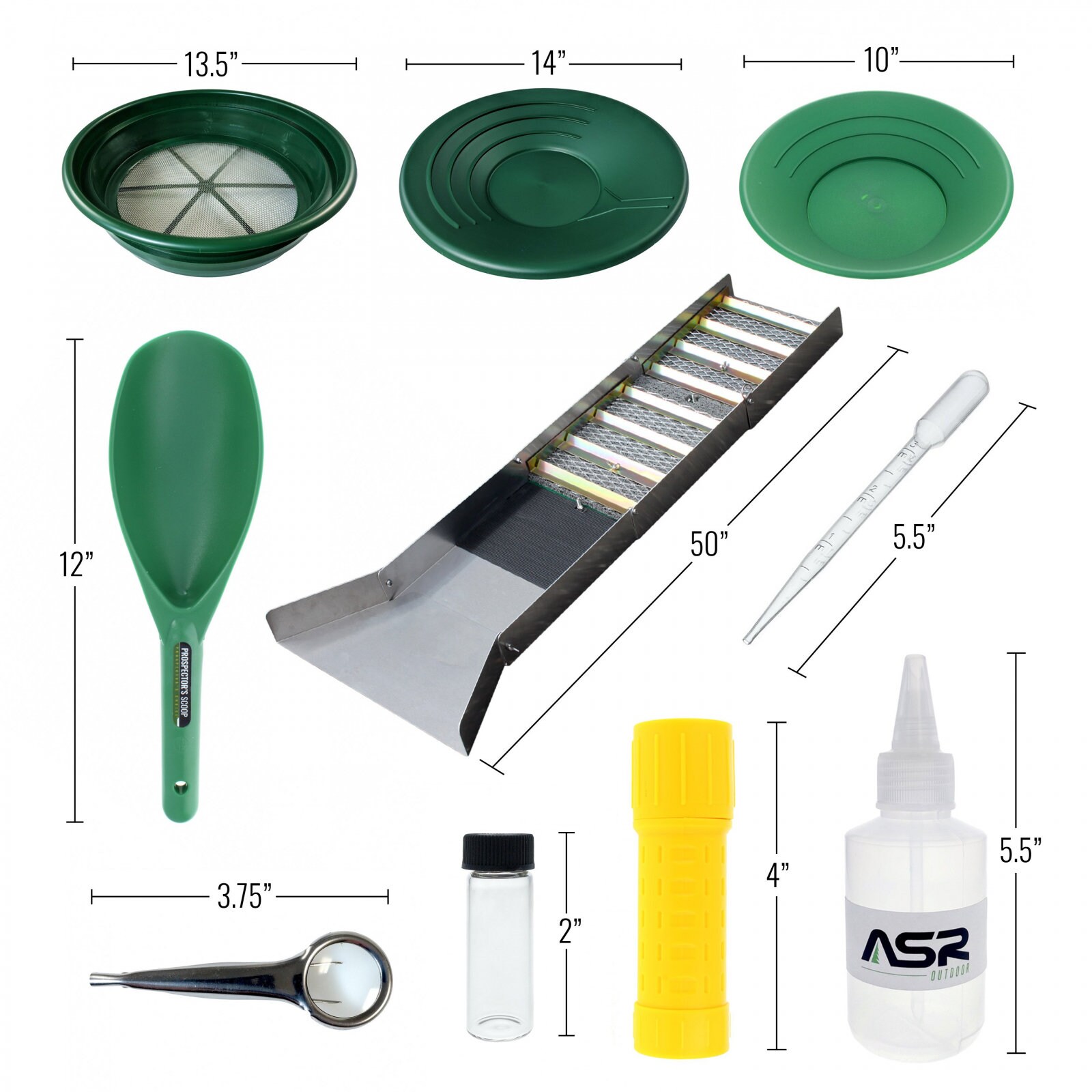 ASR Outdoor 11pc Gold Rush Gold Prospecting Kit 1/8 & 1/2 Coarse Classifier  Screen, Vials, Dual Riffle Gold Pans