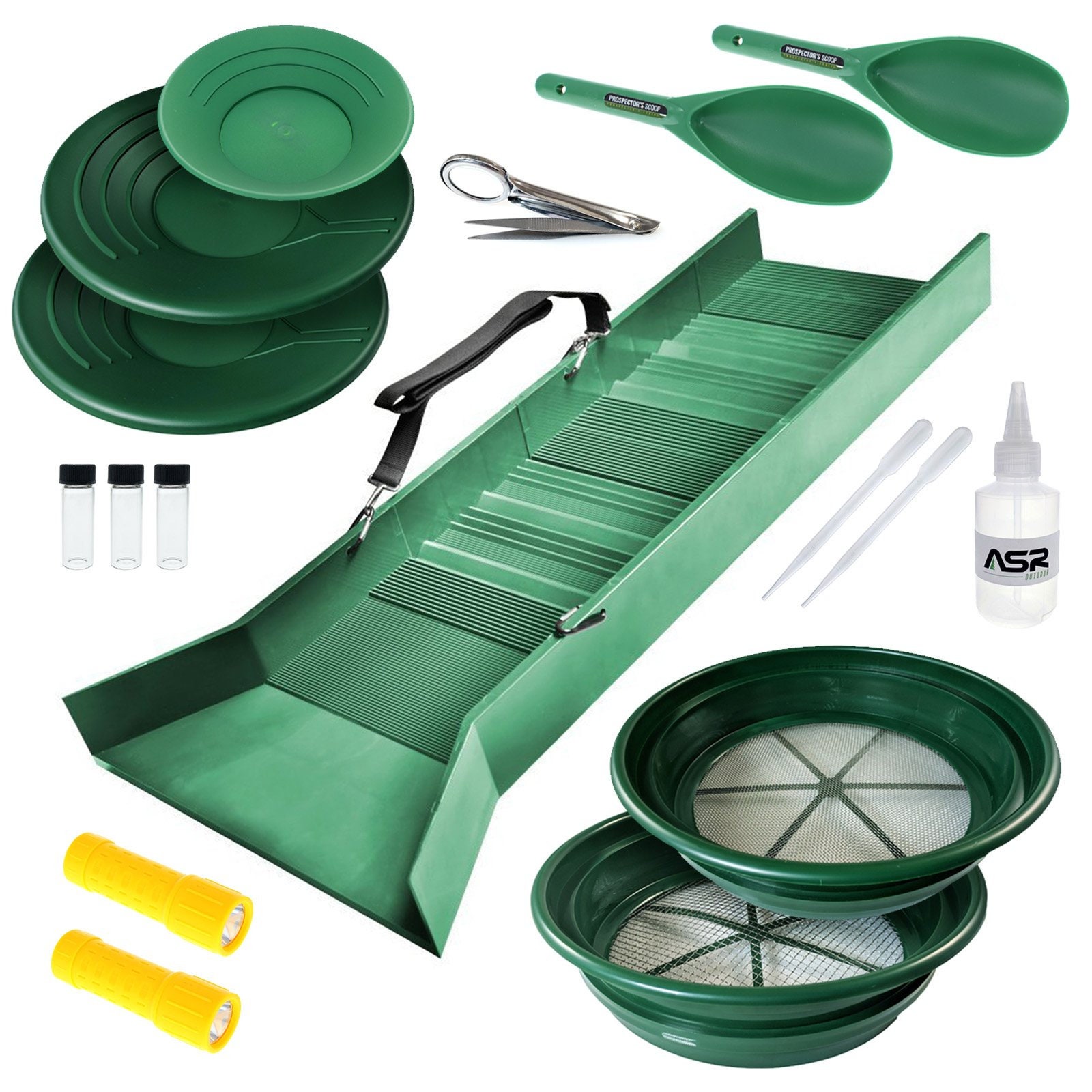 ASR Outdoor Complete Gold Panning Kit Prospecting Equipment with Classifier  Screens, Dual Riffle Gold Pans, 11pc