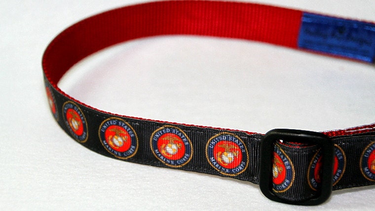 Marines Adjustible Ribbon Dog Collar, With Optional Leash, Usmc, United States Marine Corps