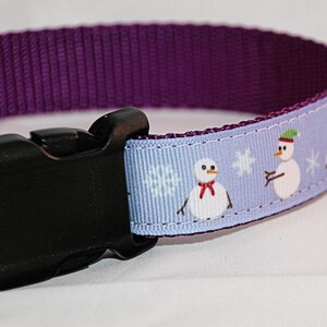 Snowmen on Purple Dog Collar, Adjustible or Martingale, with Optional Matching Leash
