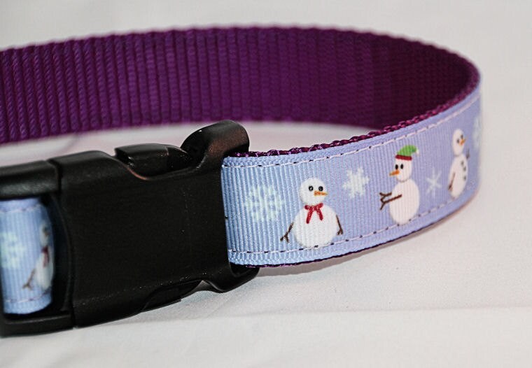 Snowmen On Purple Dog Collar, Adjustible Or Martingale, With Optional Matching Leash