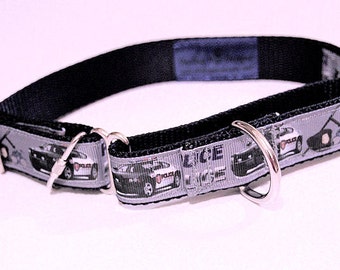 Police, Law Enforcement Adjustible or Martingale Dog Collar with Optional Leash