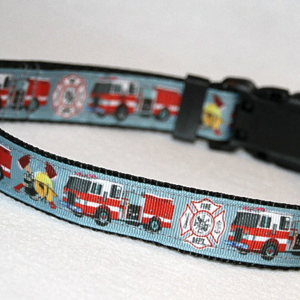 Firefighter, Fire Trucks Ribbon Dog Collar, Emergency Themed Dog Collar, with Optional Leash