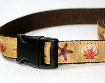 Starfish & Shells Ribbon Dog Collar, Adjustible, with Optional Matching Leash