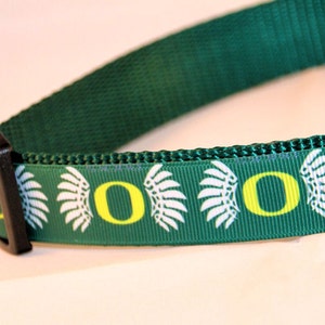 May include: Green dog collar with a white and yellow "O" and white feather designs.