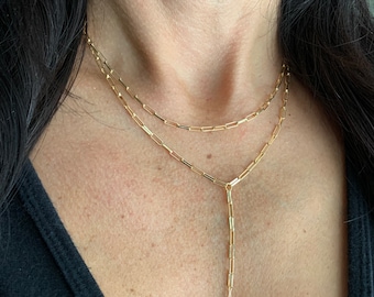 Gold double strand y paperclip chain necklace/lariat necklace