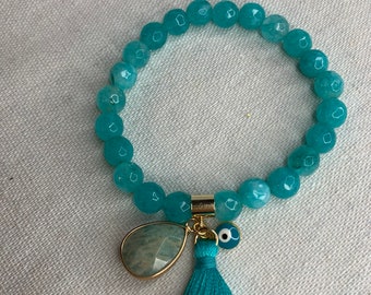 Amazonite 8mm bead turquoise  bracelet with evil eye, tassel and agate pendant dangle