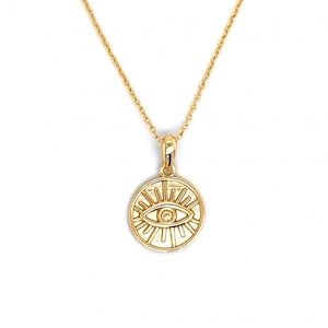 Gold vermeil evil eye coin necklace |14&quot; + 2&quot; extender | third eye | protection |layering necklace | sterling silver base