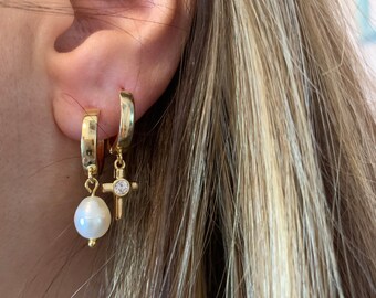 18k gold plated hoop huggie earrings/lightning bolt/freshwater pearl/cross/evil eye dangles