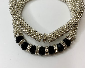 Silver bracelet | 8mm link beads | crystal black rondelle beads